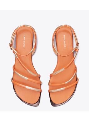 Tory Burch Orange and Gold Multi-Strap Flat Sandals